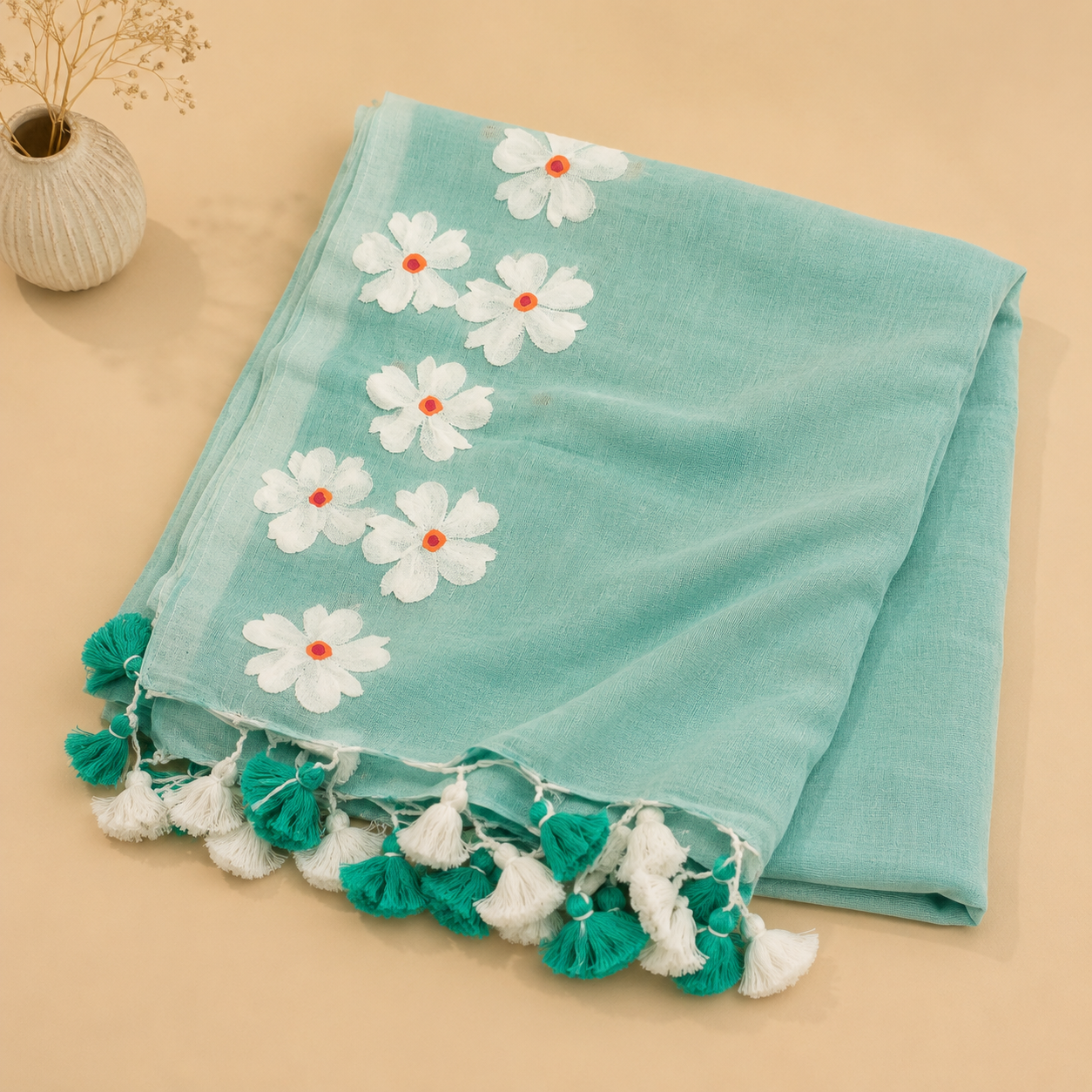 Small Daisy Flower Border Hand Painted Mul Cotton Saree - Without Blouse