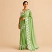 Small Daisy Flower Border Hand Painted Mul Cotton Saree - Without Blouse