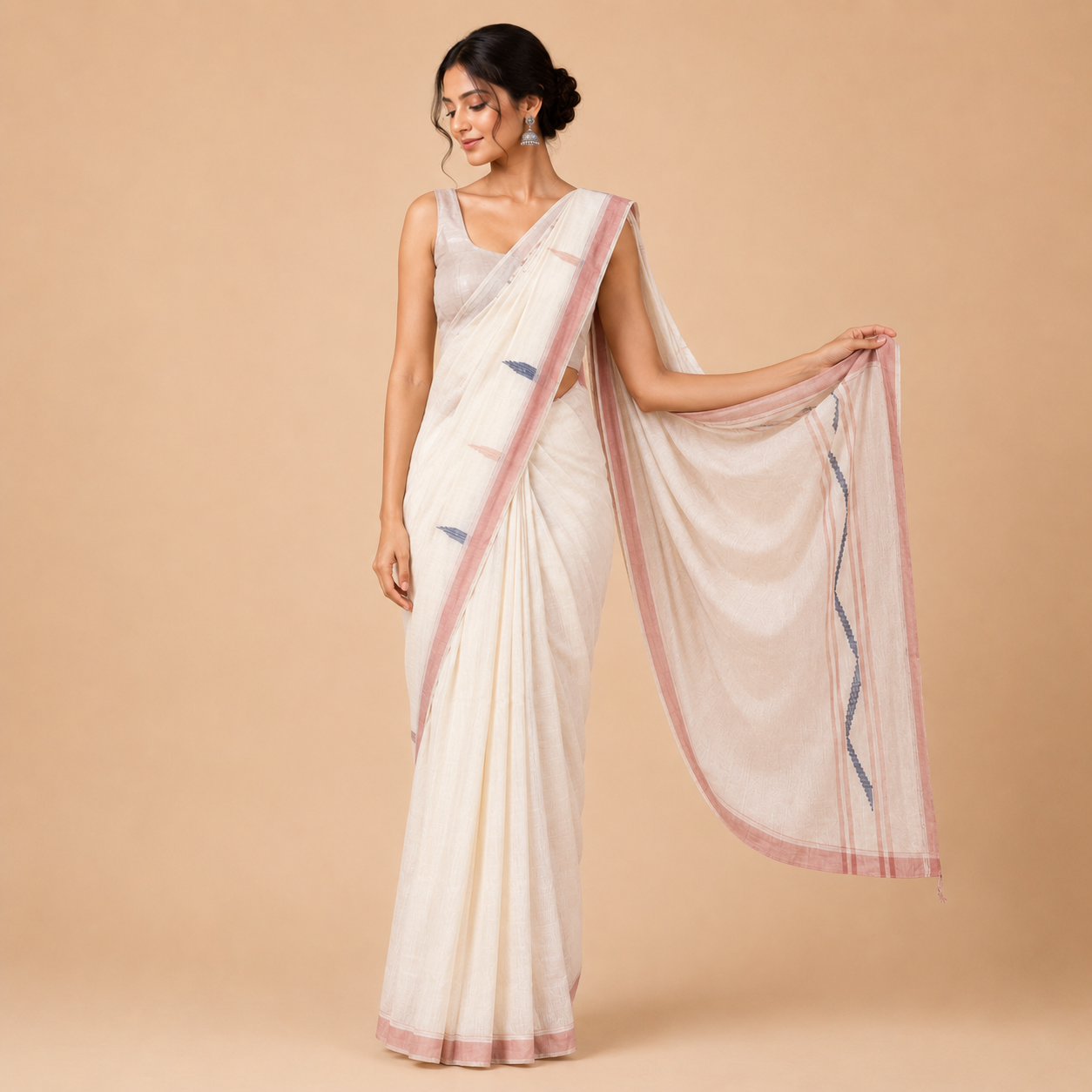 Off-White Achol Chin Handloom Mul Cotton Saree with Small Striped Pallu