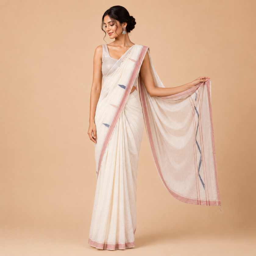 Off-White Achol Chin Handloom Mul Cotton Saree with Small Striped Pallu