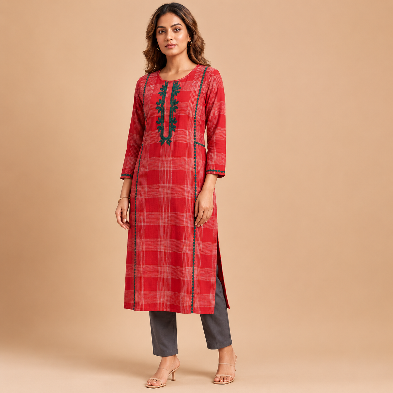 Red Hand Embroidered Cotton Kurta with Teal Green Applique