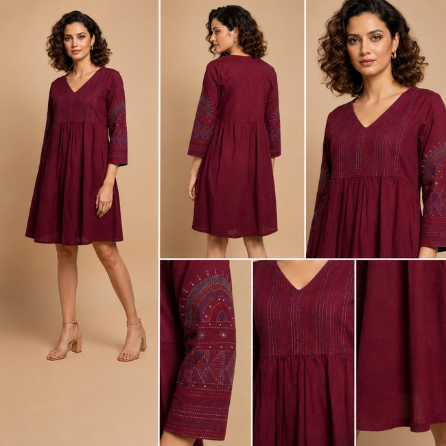 Maroon Hand Embroidered Kurta With Pleats