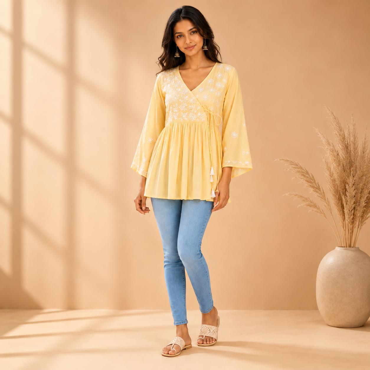 Yellow Floral Chikankari Hand Embroidered Mul Cotton Angrakha Top