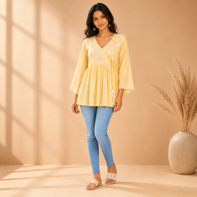 Yellow Floral Chikankari Hand Embroidered Mul Cotton Angrakha Top
