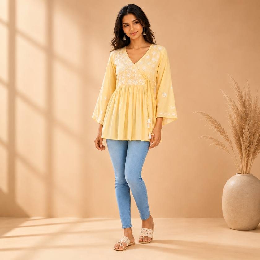 Yellow Floral Chikankari Hand Embroidered Mul Cotton Angrakha Top