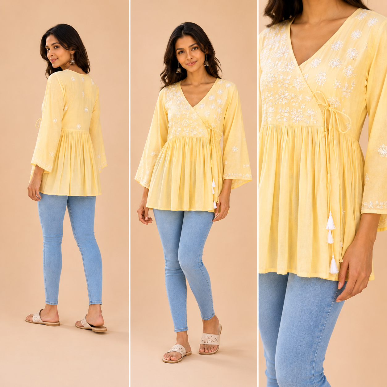 Yellow Floral Chikankari Hand Embroidered Mul Cotton Angrakha Top