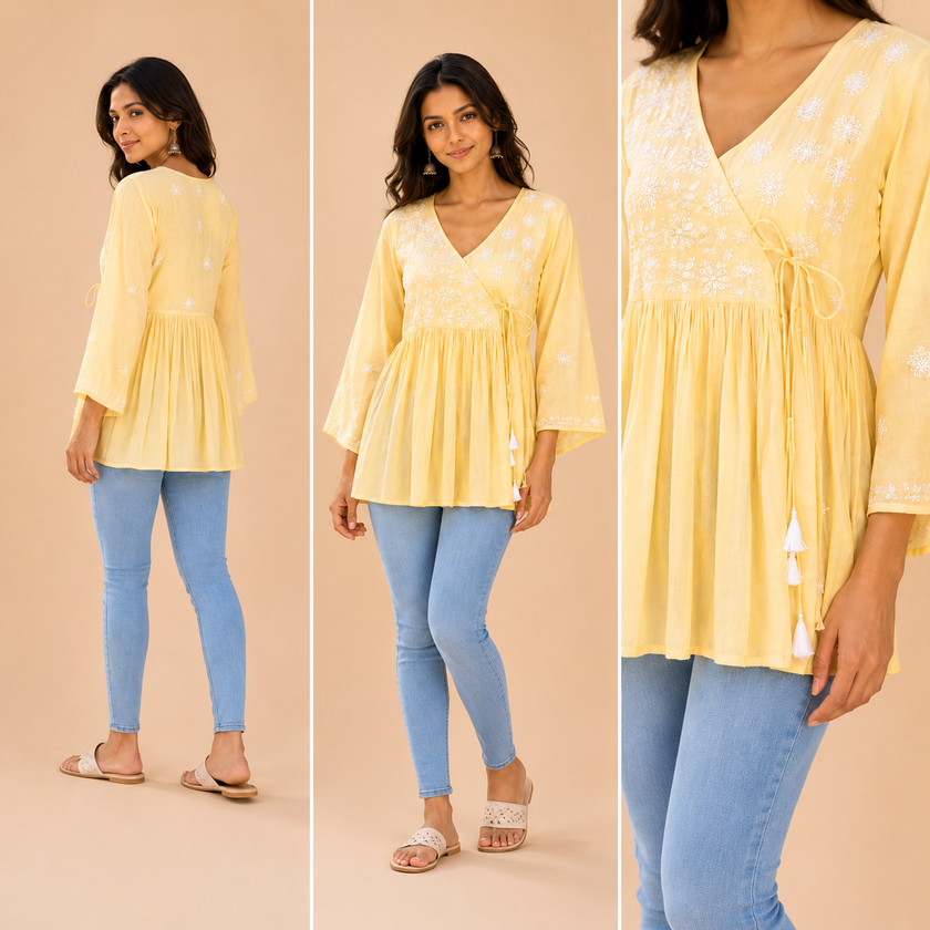 Yellow Floral Chikankari Hand Embroidered Mul Cotton Angrakha Top
