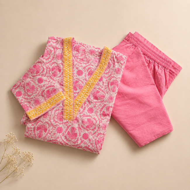 Pink Hand block Printed Cotton V-Neck Suit Set