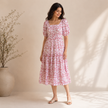 Red Floral Hand block Print Cotton Midi Dress