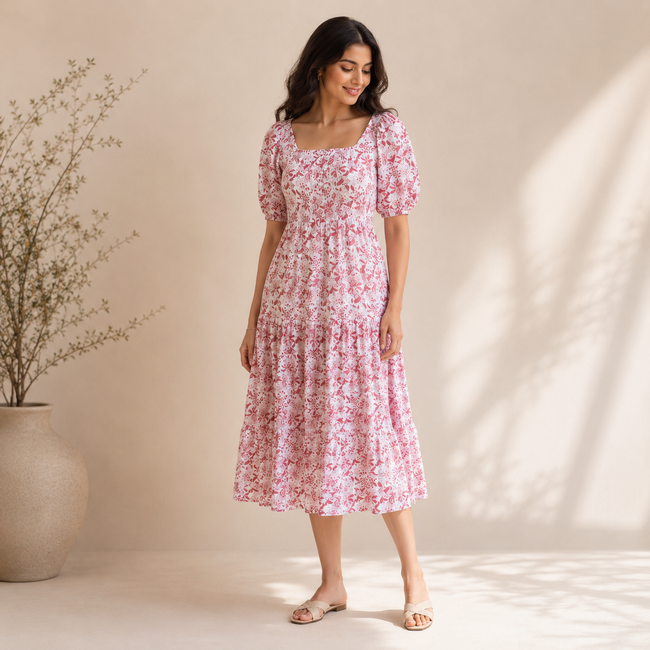 Red Floral Hand block Print Cotton Midi Dress