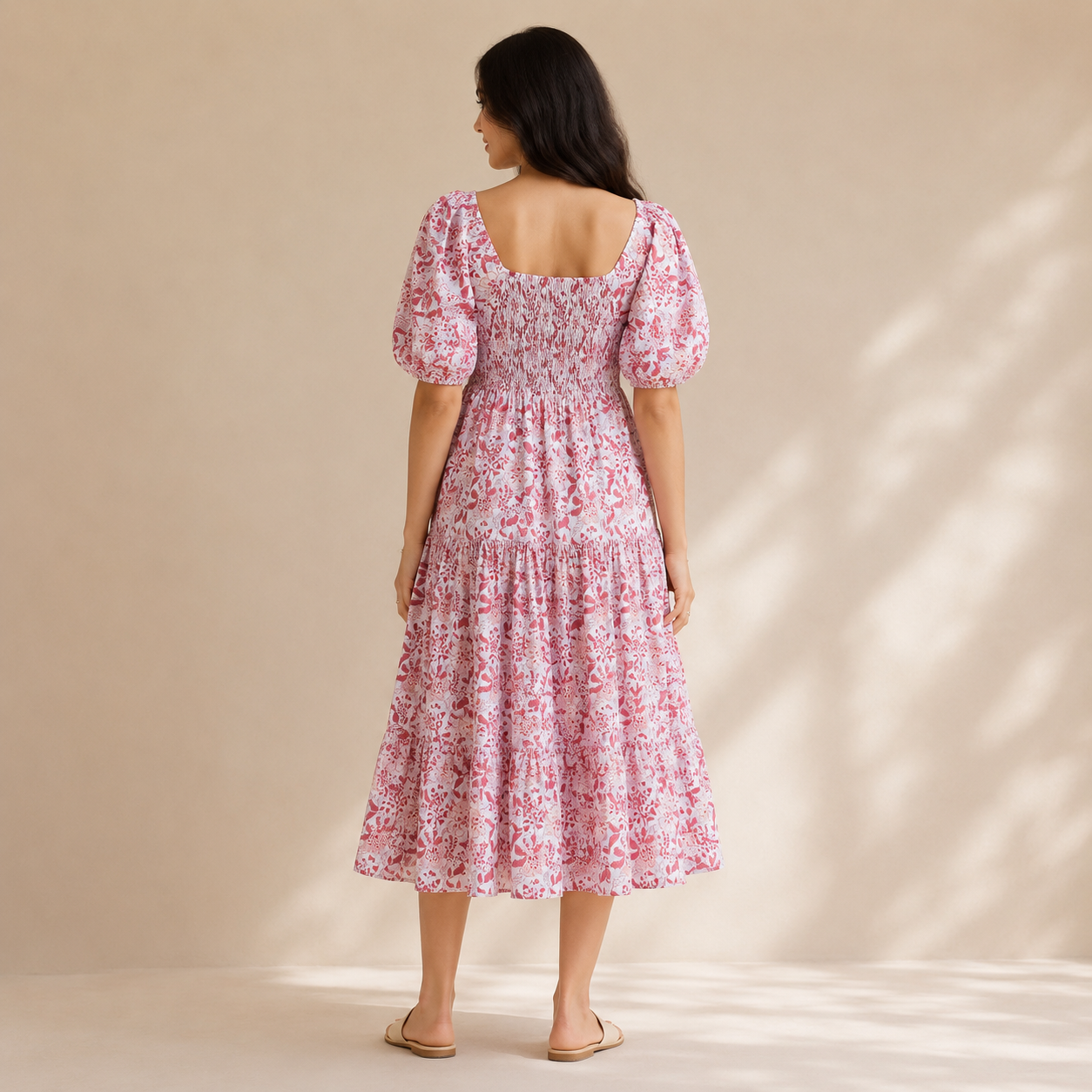Red Floral Hand block Print Cotton Midi Dress