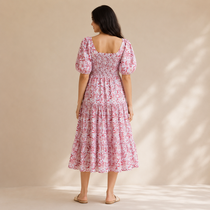 Red Floral Hand block Print Cotton Midi Dress