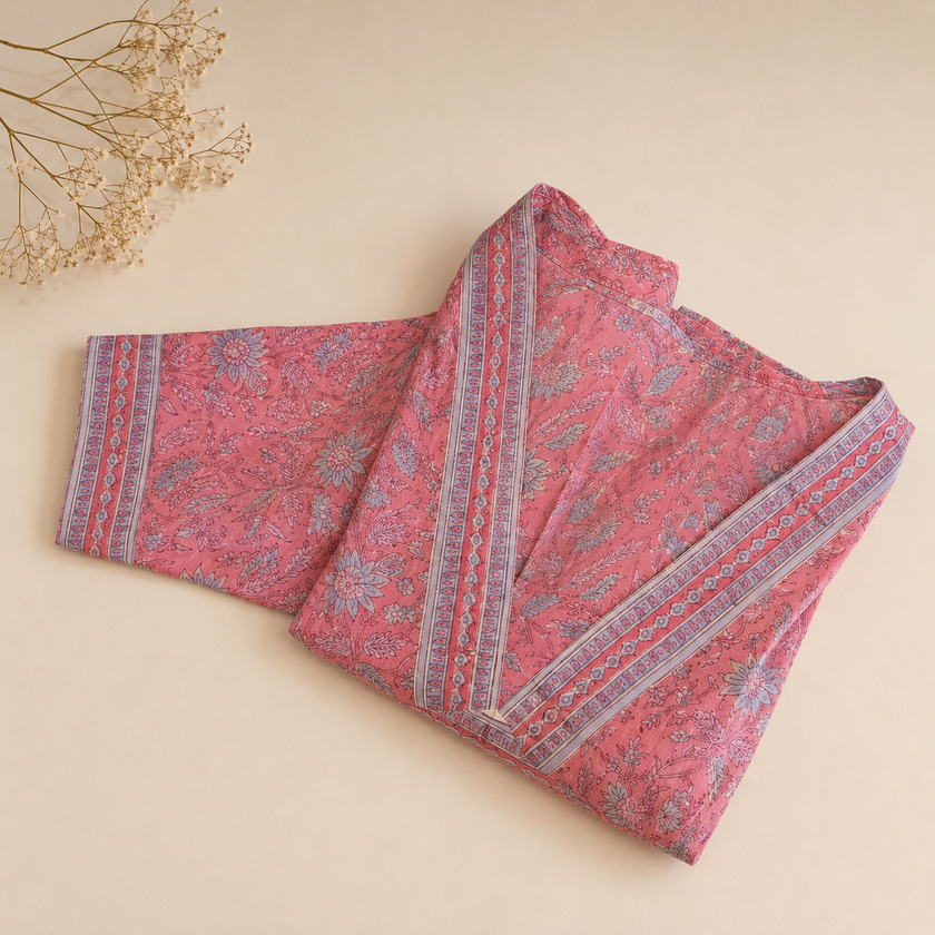 Pink Floral Handblock Printed Cotton Dress