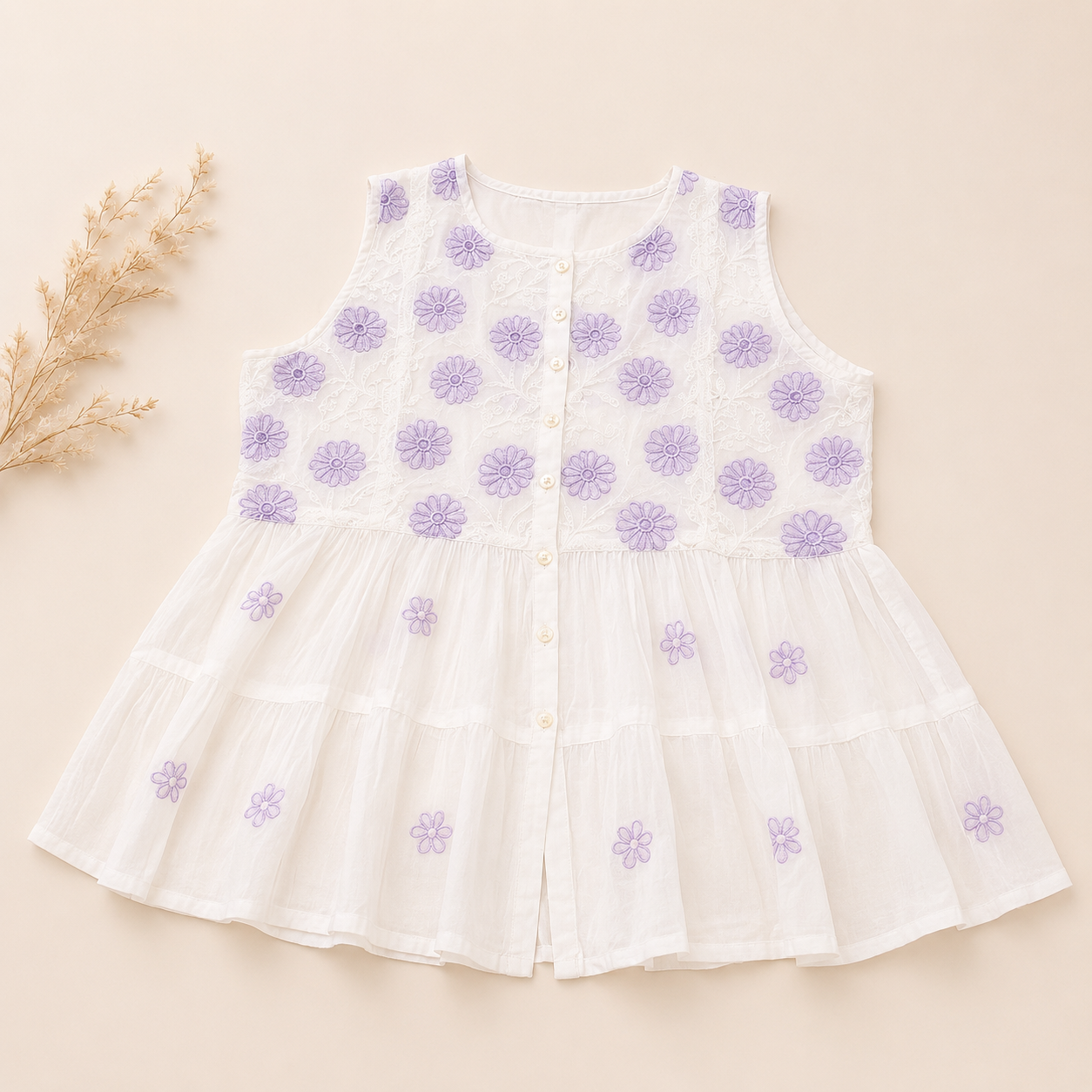 White Floral Chikankari Hand Embroidered Mul Cotton Top