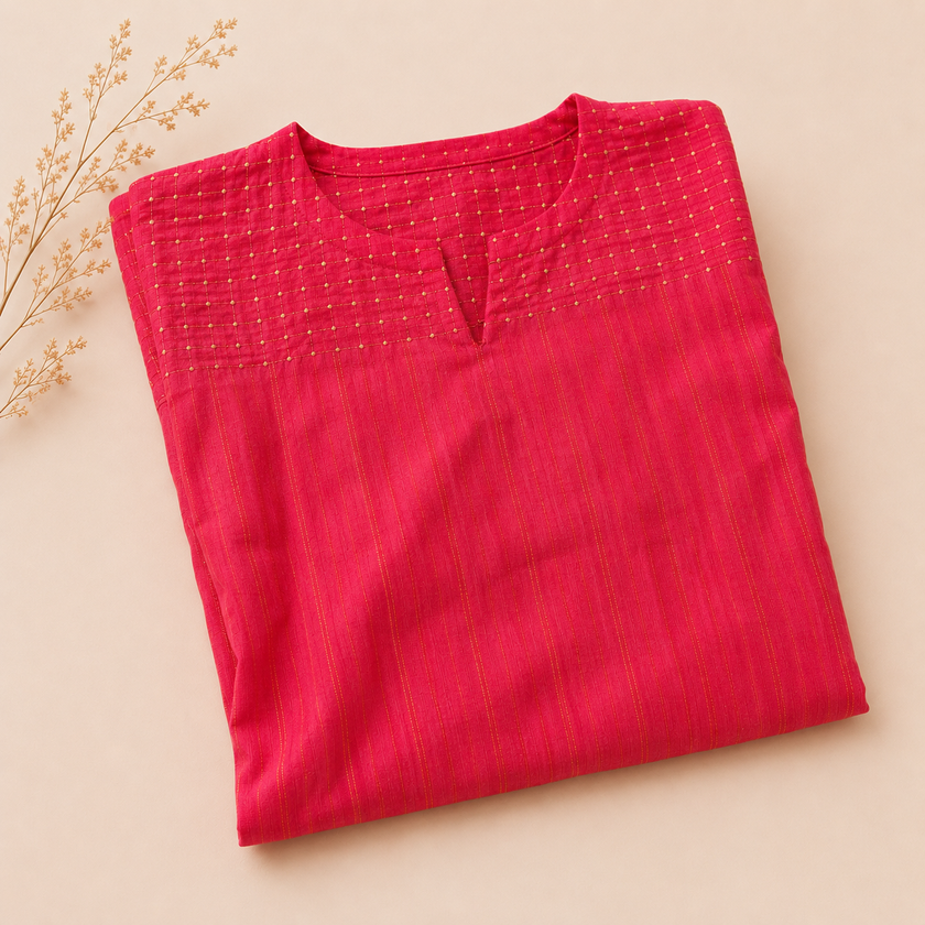 Pink Hand Embroidered Cotton Zari Kurta with Kantha Embroidery