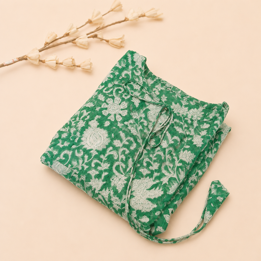 Green Floral Hand block Printed Cotton Rayon Top