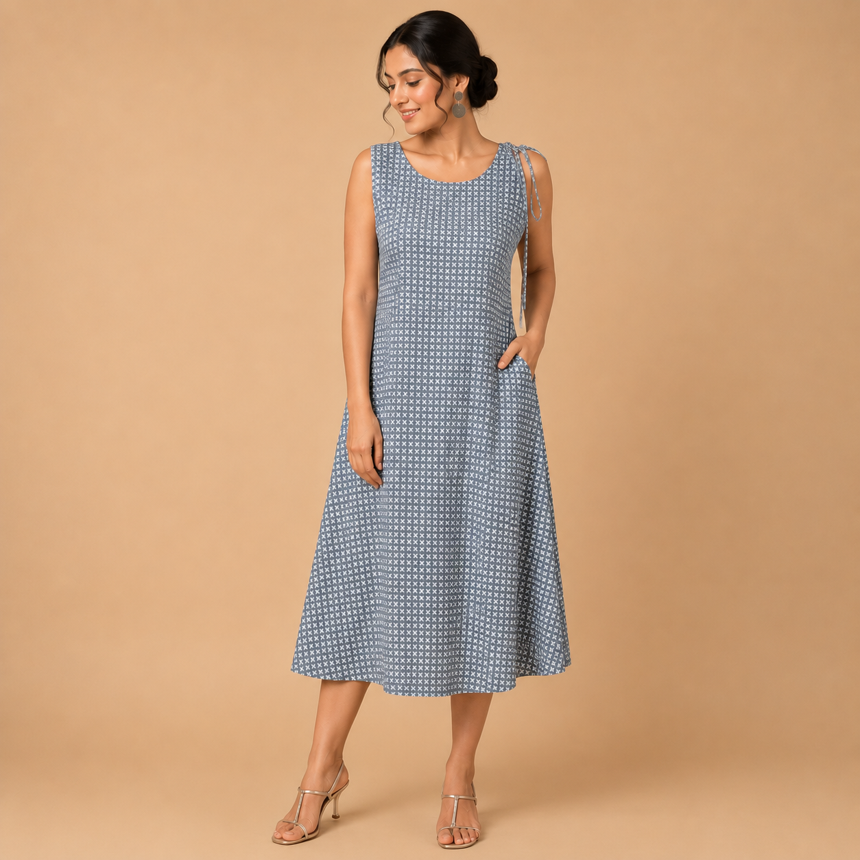 White Handblock Printed Cotton Sleeveless Dress