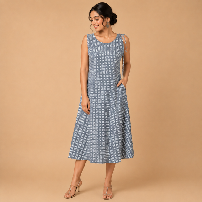 White Handblock Printed Cotton Sleeveless Dress