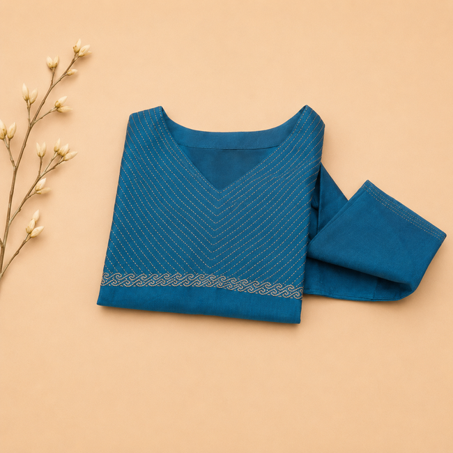 Blue Teal Silk blend Hand Embroidered Top