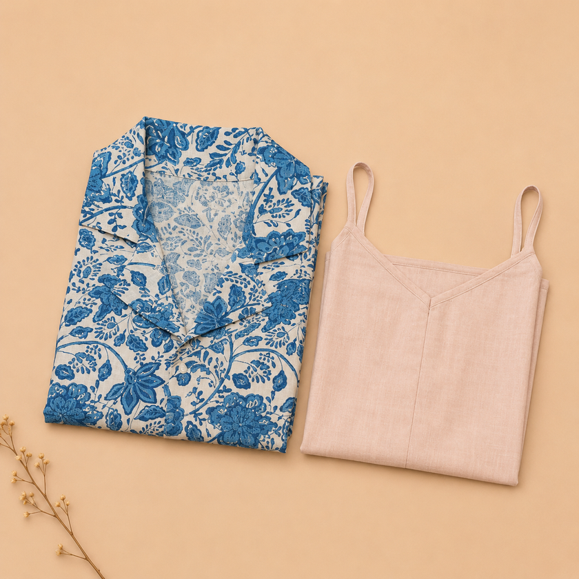 Blue Floral Hand block Printed Cotton Shrug Dress with Inner