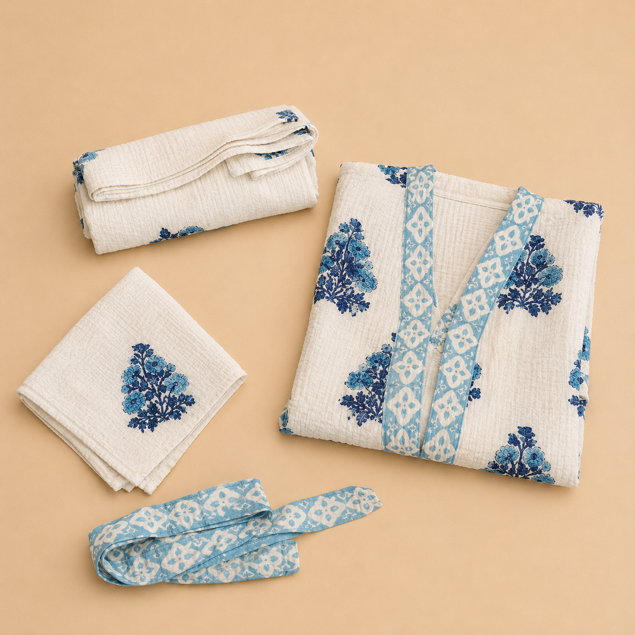 Handblock Printed Pure Cotton Bathrobe, Towel & Napkin Set