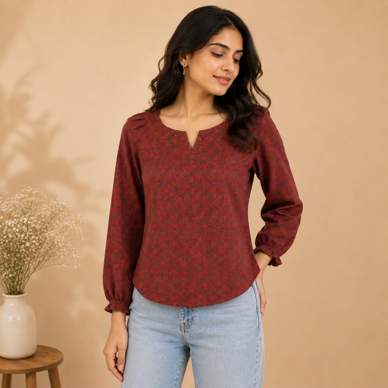 Maroon Hand Embroidery Cotton Top