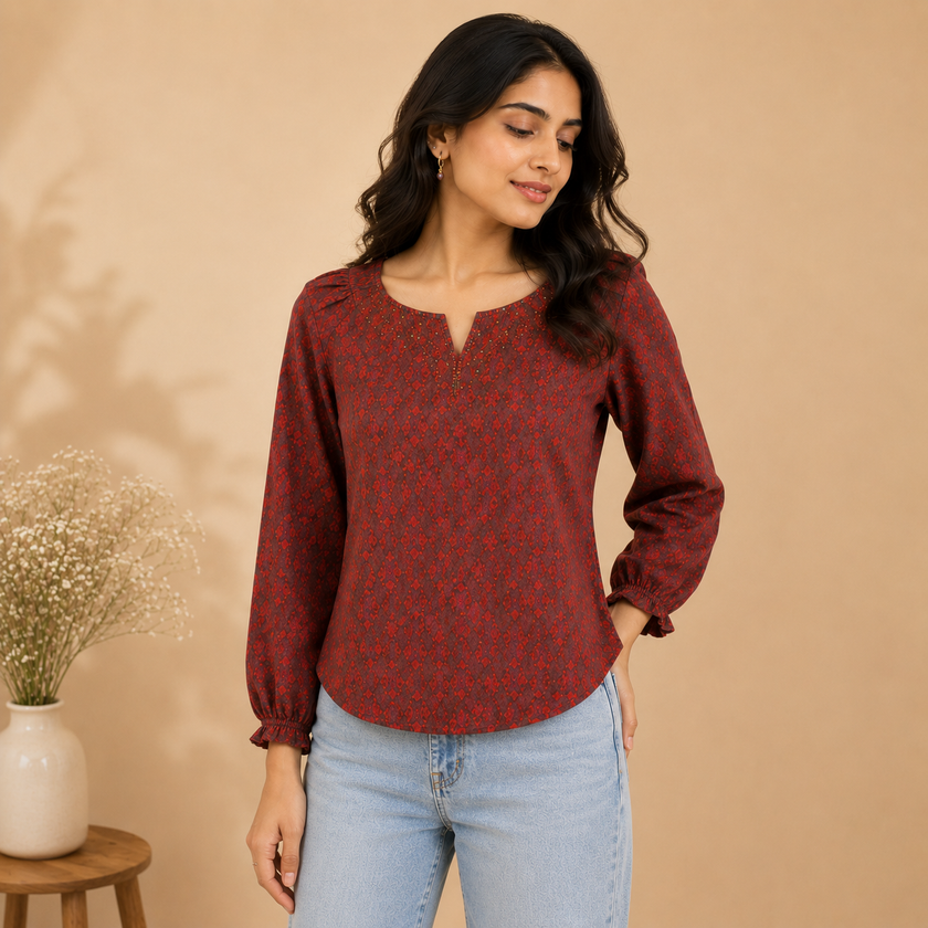 Maroon Hand Embroidery Cotton Top