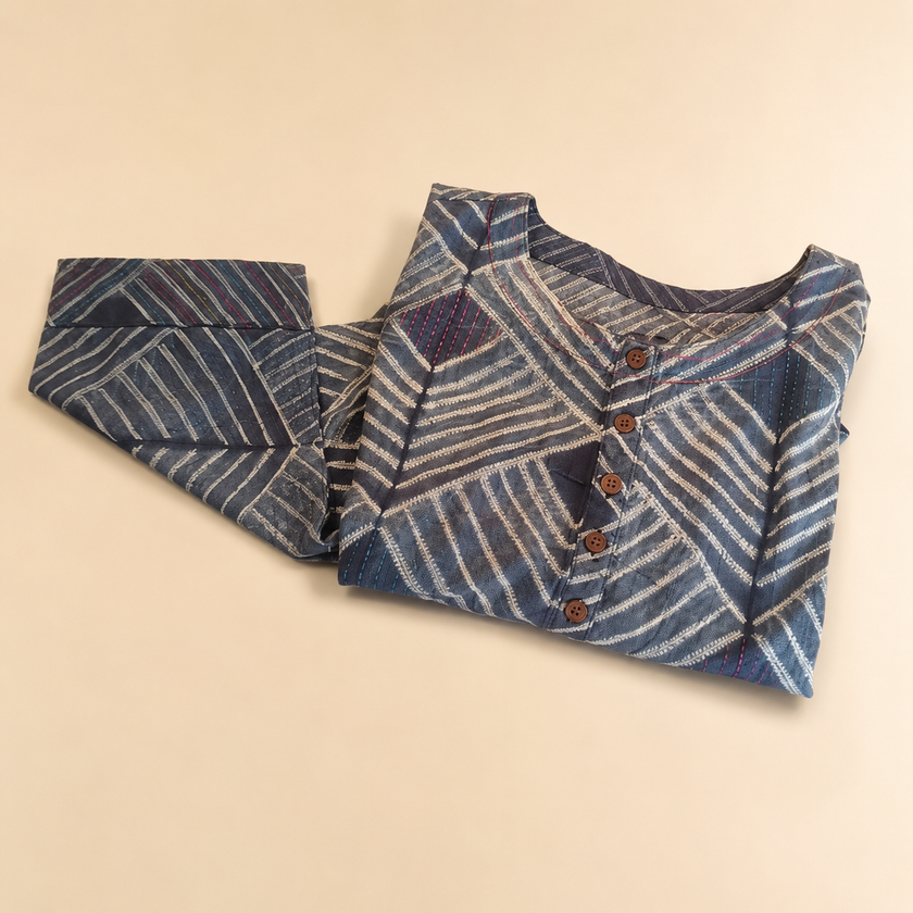 Indigo Hand Emroidered Tanka Shibori Cotton Kurta