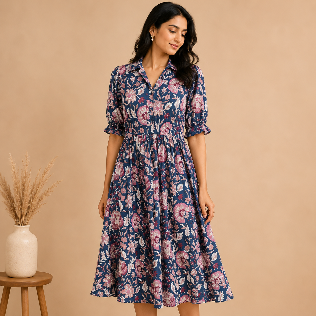 Navy Blue Floral Hand block Printed Cotton Dress