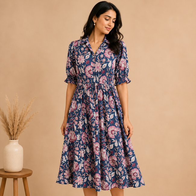 Navy Blue Floral Hand block Printed Cotton Dress
