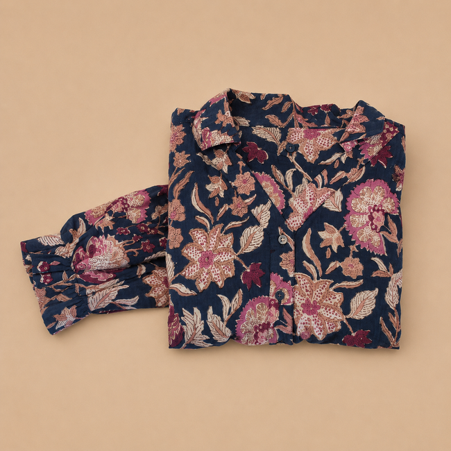 Navy Blue Floral Hand block Printed Cotton Dress