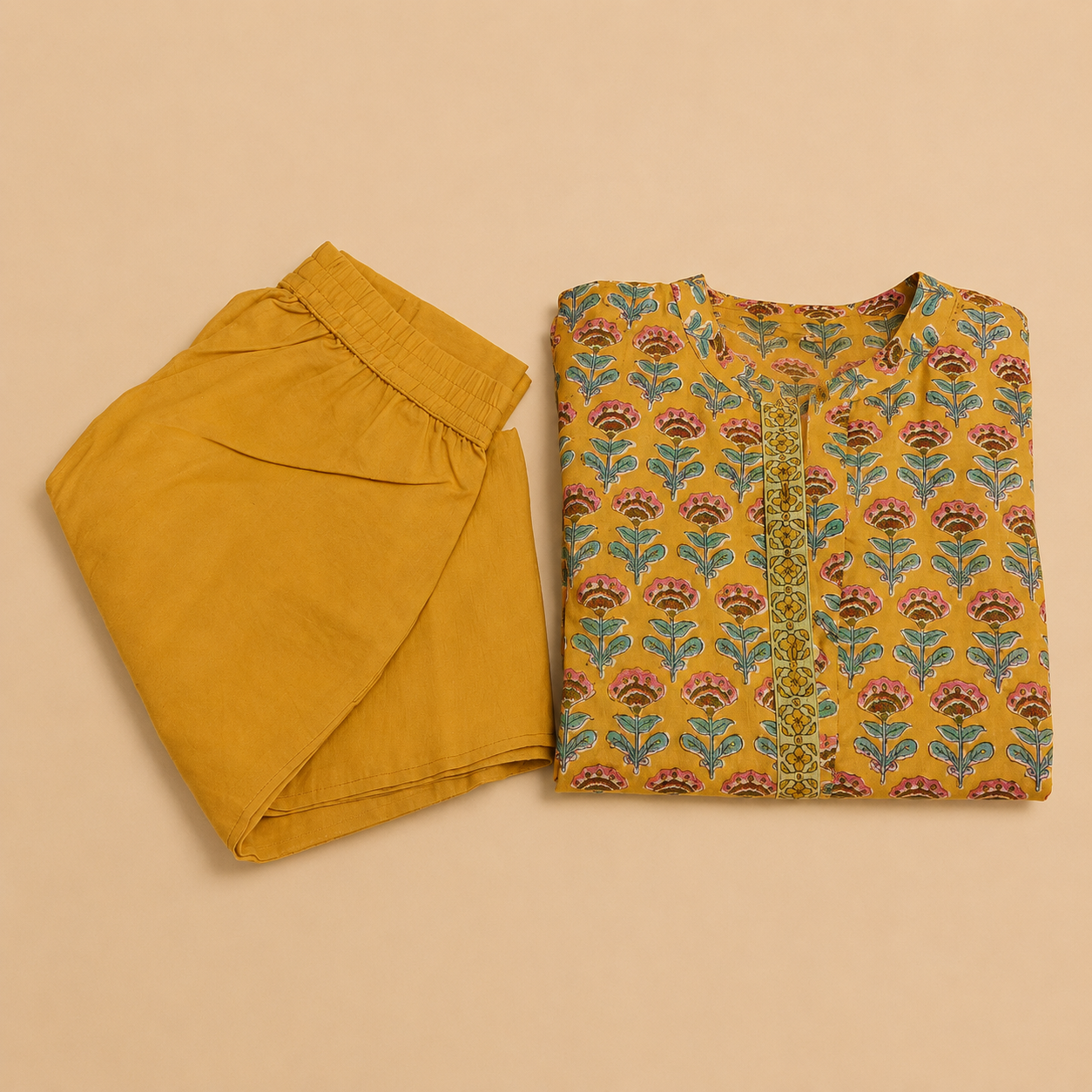 Yellow Handblock Printed Cotton Suit Set with Mandarin Neck