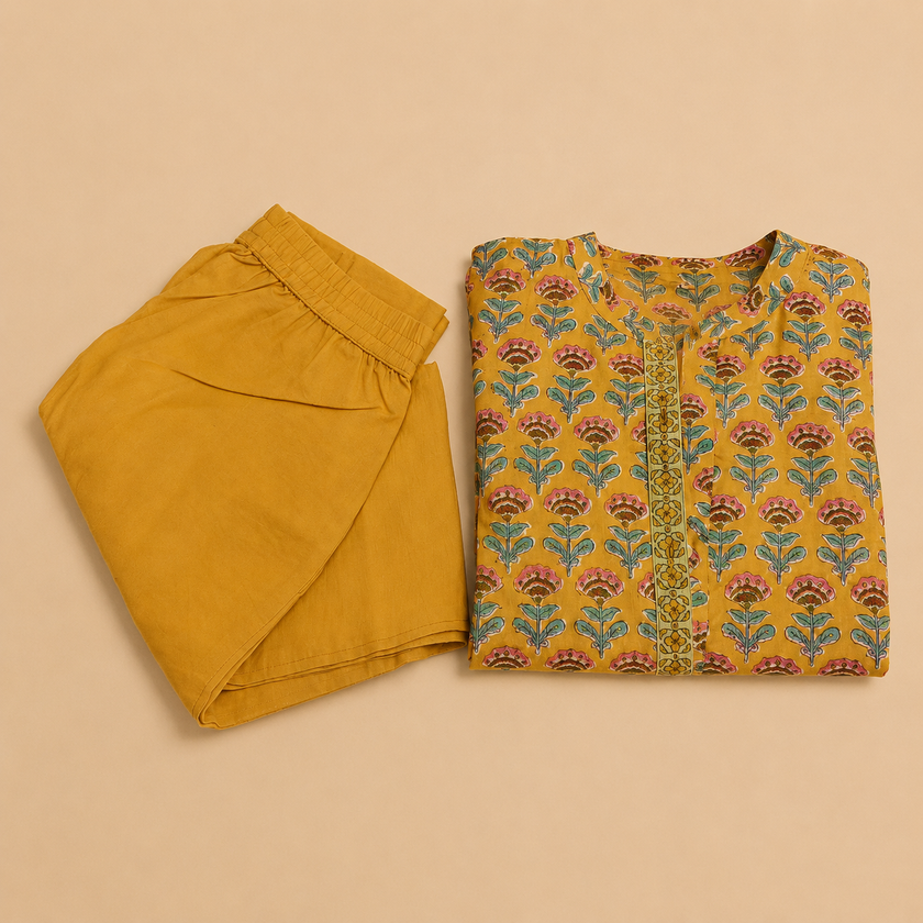 Yellow Handblock Printed Cotton Suit Set with Mandarin Neck