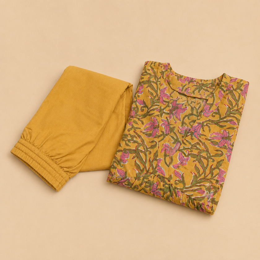 Yellow Hand block Printed Cotton Suit Set