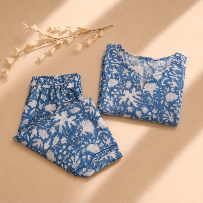 Blue Handblock Printed Cotton Co-ord Set