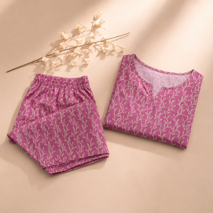 Pink Leaf Handblock Printed Cotton Co-ord Set