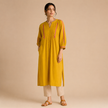 Yellow Hand Embroidered Cotton Kurta with Applique Work & Pintuck Design