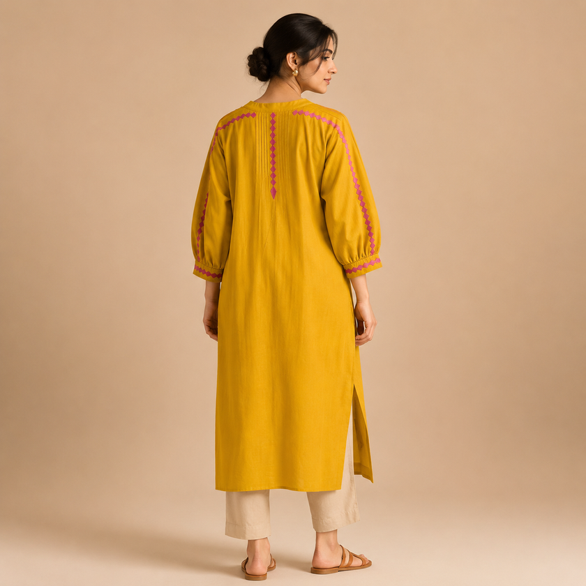 Yellow Hand Embroidered Cotton Kurta with Applique Work & Pintuck Design