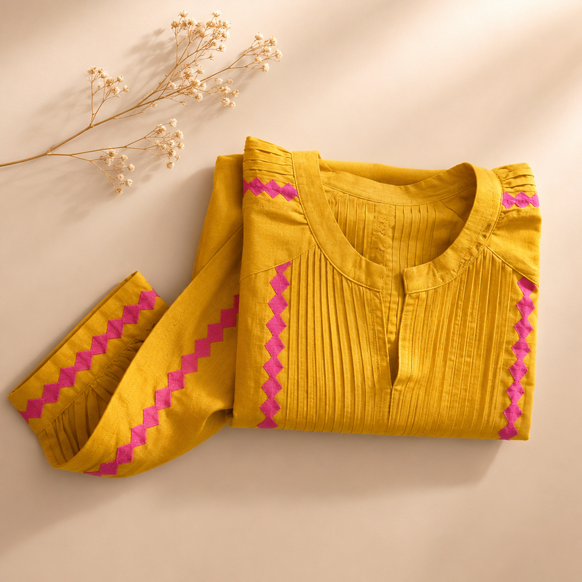 Yellow Hand Embroidered Cotton Kurta with Applique Work & Pintuck Design