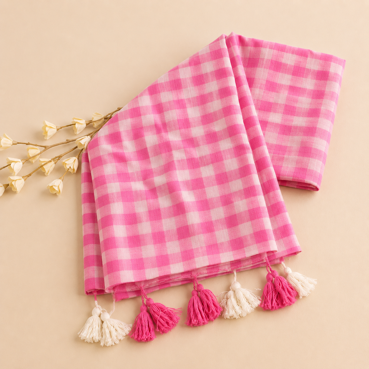 Small Checks Pink Mul Cotton Handloom Saree