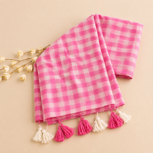 Small Checks Pink Mul Cotton Handloom Saree