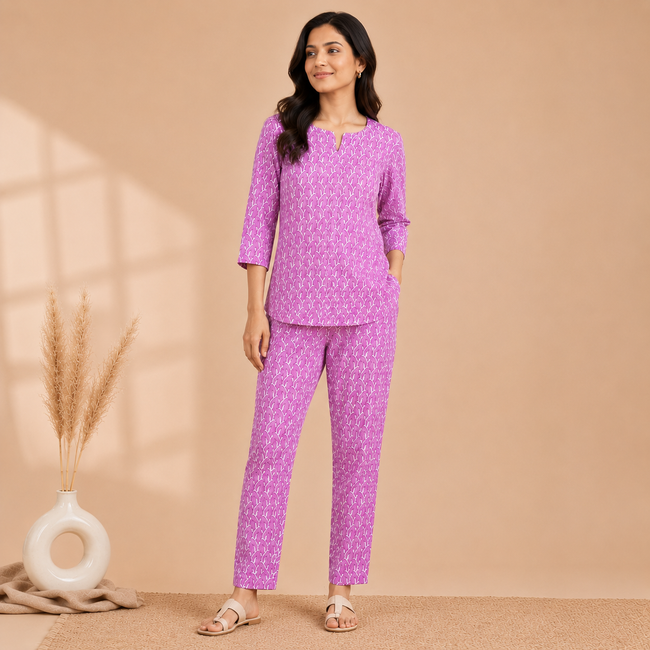 Pink Leaf Handblock Printed Cotton Co-ord Set