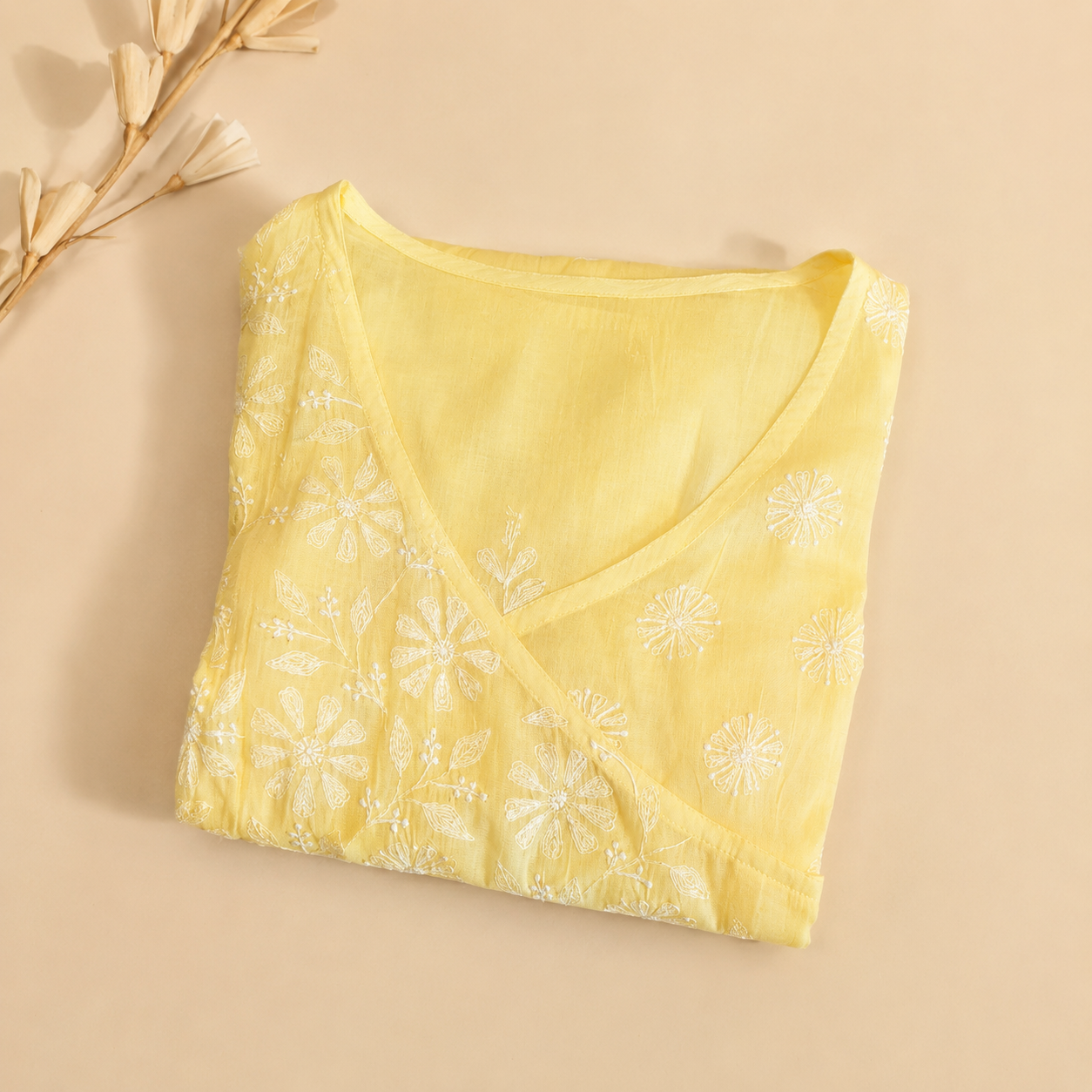 Yellow Floral Chikankari Hand Embroidered Mul Cotton Angrakha Top