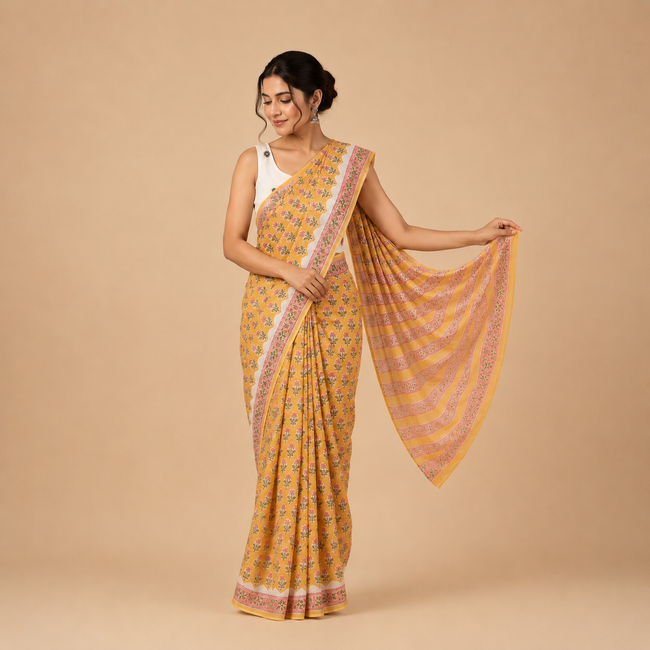 Bright Yellow Handblock Print Cotton Saree