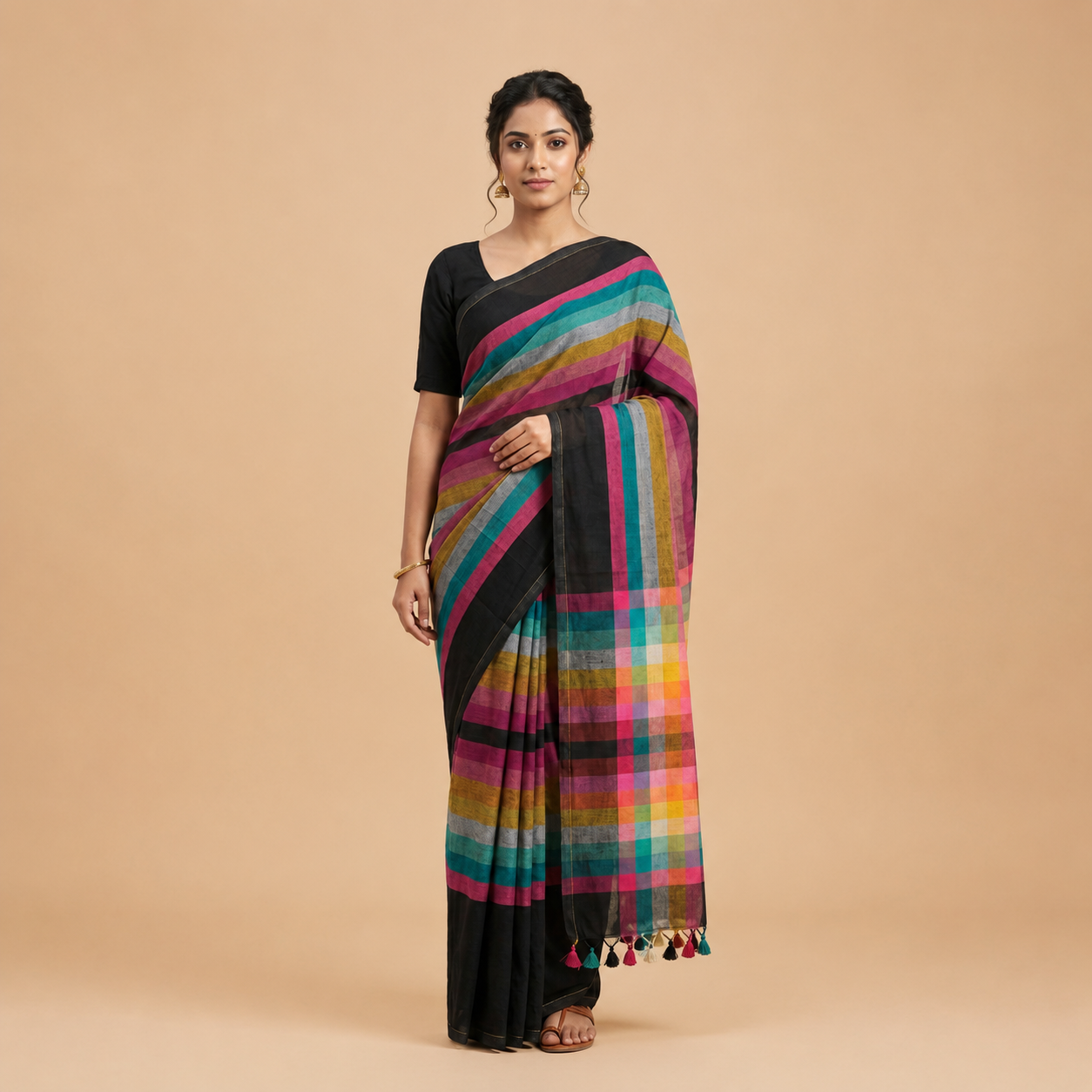 Multicolor Checks Black Mul Cotton Handloom Saree