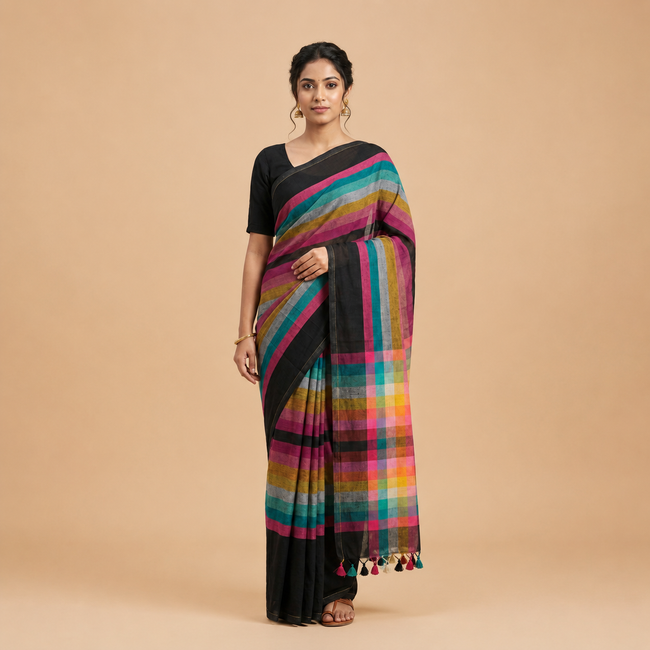 Multicolor Checks Black Mul Cotton Handloom Saree