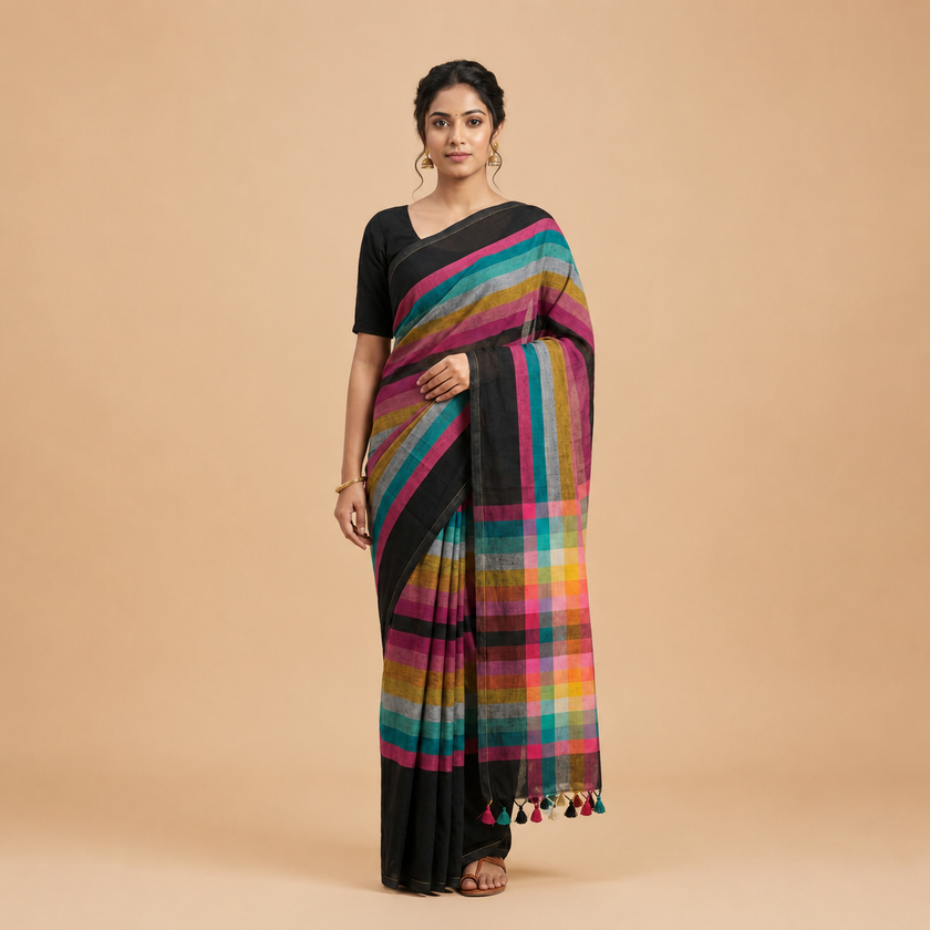 Multicolor Checks Black Mul Cotton Handloom Saree