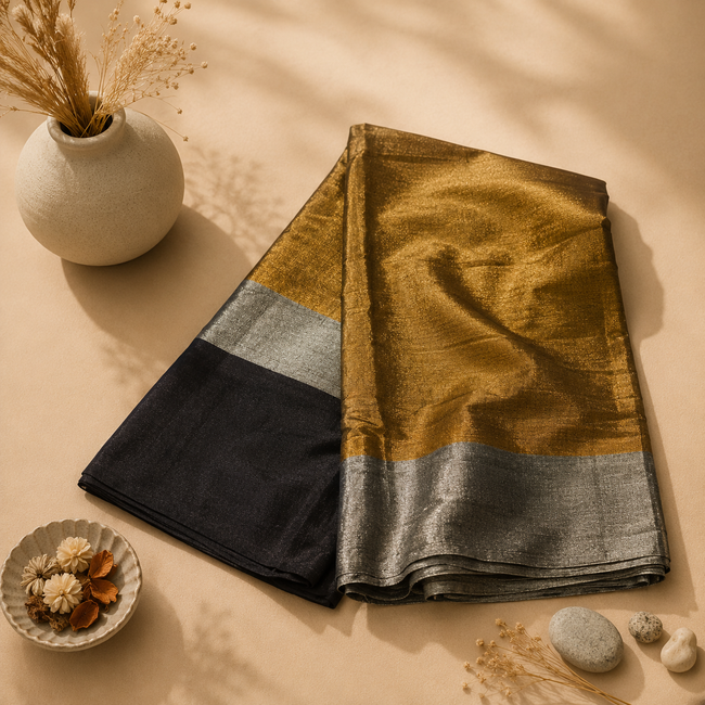Black Gold Silver Handloom Tissue Cotton Chanderi Saree