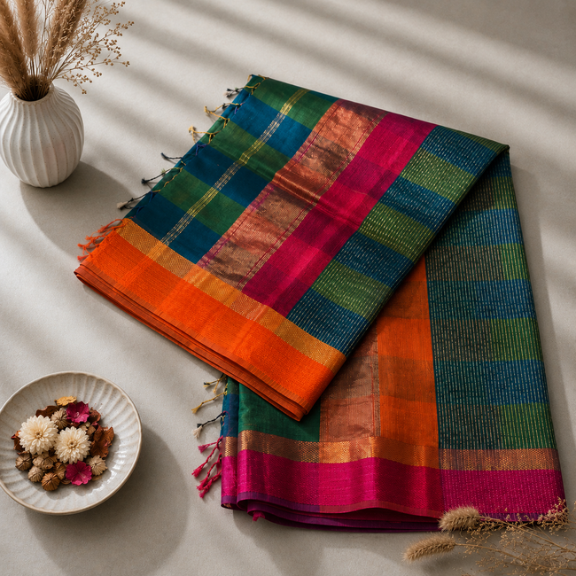 Green Handloom Ikat Pattern Maheshwari Cotton Silk Saree