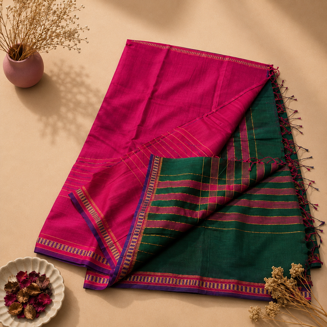 Green Handloom Cotton Silk Maheshwari Saree